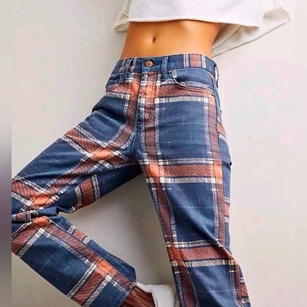 NWOT Free People We The Free Baker Plaid Jeans high rise pants 27 😀